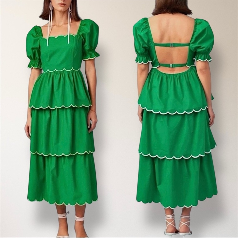 Anthropologie English Factory Green Tiered Dress with Scalloped Edges - Picture 8 of 8